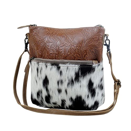 Myra Bag Engraved Crossbody Bag Upcycled Cowhide & Leather S-2877