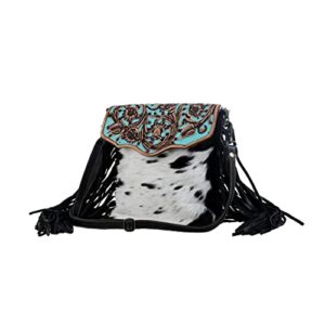 Myra Bag Aqua Hand-Tooled Bag Upcycled Cotton & Cowhide Leather S-2856