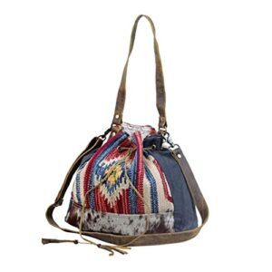 Myra Bag Blue Bucket Bag Upcycled Cotton & Hair Leather S-3062