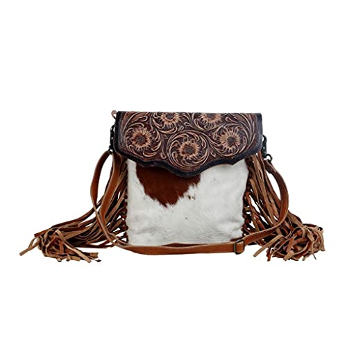 Myra Bag Blossom Hand-Tooled Bag Upcycled Cotton & Cowhide Leather S-2855