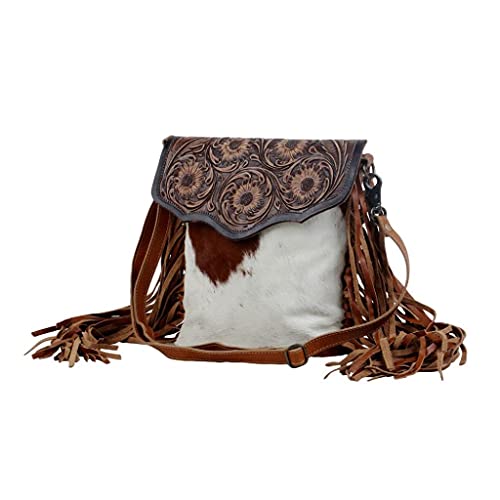 Myra Bag Blossom Hand-Tooled Bag Upcycled Cotton & Cowhide Leather S-2855