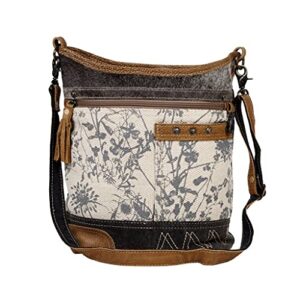 myra bag milestone shoulder bag upcycled canvas, rug, leather & cowhide s-2638