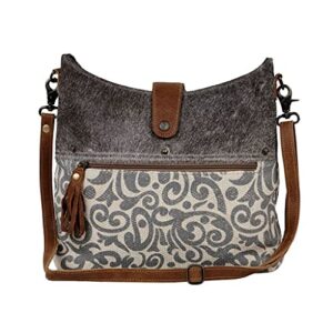 myra bag flourish shoulder bag upcycled canvas, rug, leather & cowhide s-2655