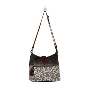 Myra Bag Flourish Shoulder Bag Upcycled Canvas, Rug, Leather & Cowhide S-2655