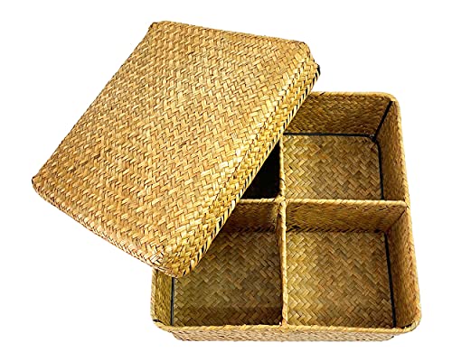 Rectangular Woven Seagrass Storage Basket and Home Organizer Bins,Natural Water Hyacinth Basket (brown, square with lid)