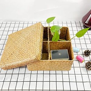 Rectangular Woven Seagrass Storage Basket and Home Organizer Bins,Natural Water Hyacinth Basket (brown, square with lid)