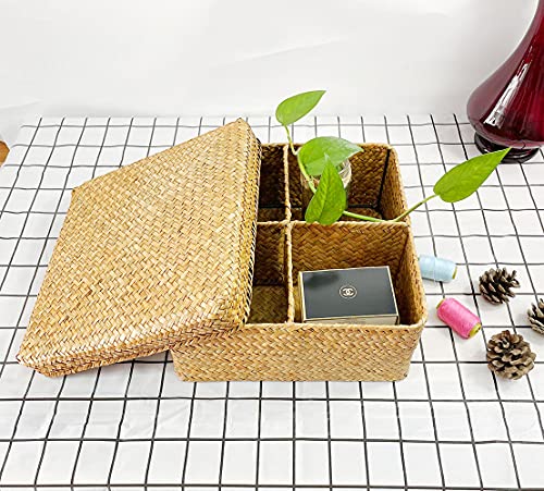 Rectangular Woven Seagrass Storage Basket and Home Organizer Bins,Natural Water Hyacinth Basket (brown, square with lid)