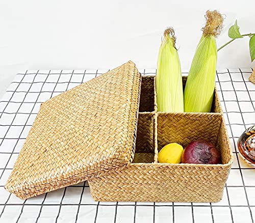 Rectangular Woven Seagrass Storage Basket and Home Organizer Bins,Natural Water Hyacinth Basket (brown, square with lid)