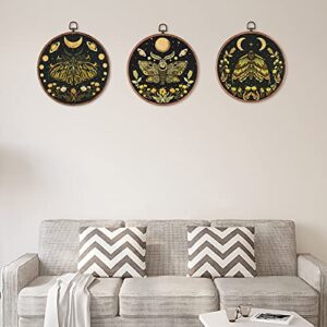 3 Pcs Moon Prints Wall Art, Moth Canvas Prints Flower Vines Painting Artwork Floral Butterfly Prints Decor Wall Hanging for Bedroom, Hall, Living Room (Rubber Frame, 9.8 inches)