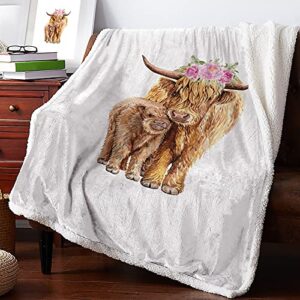 Sherpa Fleece Throw Blanket Scottish Highland Cow with Flowers Reversible Fuzzy Warm and Cozy Throws, Animal Family Art on White Super Soft Plush Bed TV Blankets for Living Room Couch/Sofa