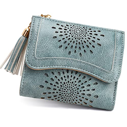 APHISON Small Wallet for Women, Sunflower RFID Slim Womens Wallet Leather Cute Wallets Compact Bifold Teen Girls Zipper Tassel Coin Purse ID Card Holder Blue