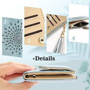 APHISON Small Wallet for Women, Sunflower RFID Slim Womens Wallet Leather Cute Wallets Compact Bifold Teen Girls Zipper Tassel Coin Purse ID Card Holder Blue