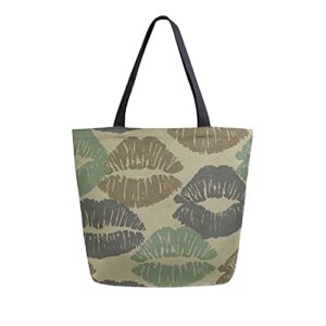 women’s tote bag top handle handbags shoulder tote bag camouflage kiss lip tote washed canvas purses bag (8ue4b)