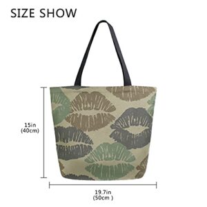 Women's Tote Bag Top Handle Handbags Shoulder Tote Bag Camouflage Kiss Lip Tote Washed Canvas Purses Bag (8ue4b)