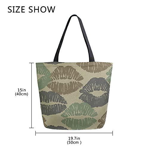 Women's Tote Bag Top Handle Handbags Shoulder Tote Bag Camouflage Kiss Lip Tote Washed Canvas Purses Bag (8ue4b)