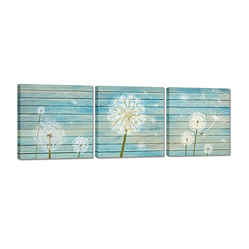 DuoBaorom 3 Pieces Dandelion Flower Canvas Wall Art Abstract Neutral White Floral Rustic Wood Artwork for Bedroom Bathroom Home Decor Stretched and Framed Ready to Hang 12x12inchx3pcs