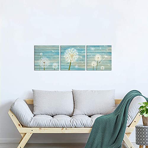 DuoBaorom 3 Pieces Dandelion Flower Canvas Wall Art Abstract Neutral White Floral Rustic Wood Artwork for Bedroom Bathroom Home Decor Stretched and Framed Ready to Hang 12x12inchx3pcs