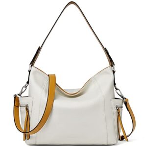 bostanten genuine leather hobo handbags designer shoulder tote purses crossbody large bag for women (beige with yellow)