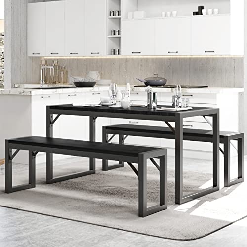 IMUsee 3-Piece 47.2" Dining Table Set for 4-6,Heavy Duty Kitchen Table with Metal Frame and Wood Board, Kitchen & Dining Room Table Set with Benches, Space-Saving Dinette for Small Space,Grey&Black