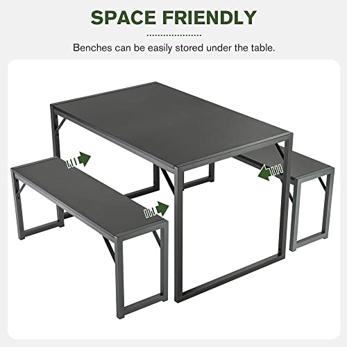 IMUsee 3-Piece 47.2" Dining Table Set for 4-6,Heavy Duty Kitchen Table with Metal Frame and Wood Board, Kitchen & Dining Room Table Set with Benches, Space-Saving Dinette for Small Space,Grey&Black