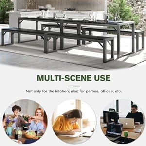 IMUsee 3-Piece 47.2" Dining Table Set for 4-6,Heavy Duty Kitchen Table with Metal Frame and Wood Board, Kitchen & Dining Room Table Set with Benches, Space-Saving Dinette for Small Space,Grey&Black