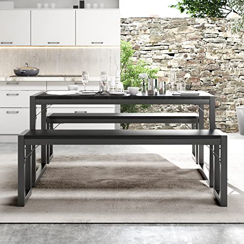 IMUsee 3-Piece 47.2" Dining Table Set for 4-6,Heavy Duty Kitchen Table with Metal Frame and Wood Board, Kitchen & Dining Room Table Set with Benches, Space-Saving Dinette for Small Space,Grey&Black