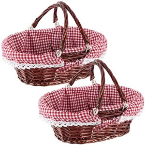 mahiong 2 pcs brown wicker woven gift easter basket, hand woven empty willow woven basket with double folding handles and washable gingham liner, wicker picnic basket for egg candy fruit toy storage