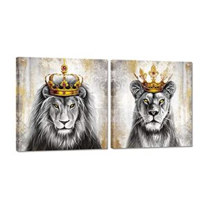 duobaorom 2 pieces king animal lion and lioness canvas wall art lion with gold crown grey and gold picture artwork giclee print gallery wrap for bedroom home decor ready to hang 12x12inchx2pcs