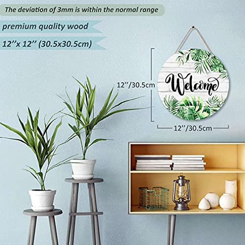 CHDITB Tropical Green Palm Leaves Welcome Sign Wall Decor(12''x12''), Botanical Plant Wooden Hanging Sign, Welcome Spring Door Sign Plaque with Palm Leaf for Home Office Farmhouse Yard Garden