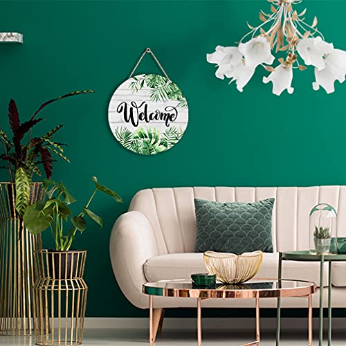 CHDITB Tropical Green Palm Leaves Welcome Sign Wall Decor(12''x12''), Botanical Plant Wooden Hanging Sign, Welcome Spring Door Sign Plaque with Palm Leaf for Home Office Farmhouse Yard Garden