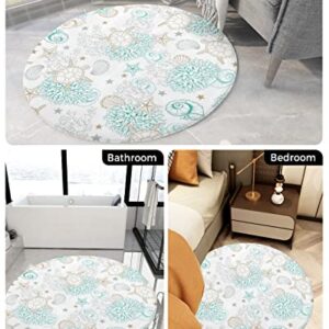 Round Carpet Plush Area Rug Ocean Cute Sea Turtle Coral Shell Starfish, Soft Shaggy Floor Mats Circular Furry Rugs Cartoon Art for Bedroom/Living Room/Nursery/Kids Room