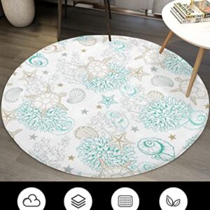 Round Carpet Plush Area Rug Ocean Cute Sea Turtle Coral Shell Starfish, Soft Shaggy Floor Mats Circular Furry Rugs Cartoon Art for Bedroom/Living Room/Nursery/Kids Room