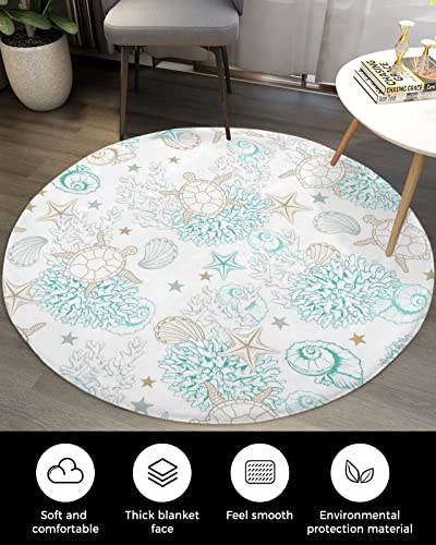 Round Carpet Plush Area Rug Ocean Cute Sea Turtle Coral Shell Starfish, Soft Shaggy Floor Mats Circular Furry Rugs Cartoon Art for Bedroom/Living Room/Nursery/Kids Room