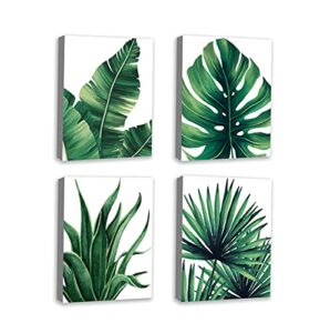 botanical prints wall art for bathrooms canvas green leaf framed green plant wall art pictures (12″ x 16″) posters fall pictures boho sage green leaf for bathrooms, 4 pieces tropical plants pictures minimalist greenery watercolor painting, palm banana mon
