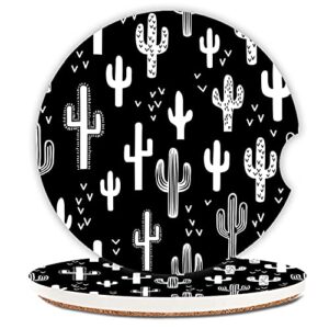 abstract ceramic cup holders car coasters for women/men,absorbent drink cup car holder coasters with a finger notch 2.56″ pack of 2,fun western cactus black white monochromatic arizona botanical