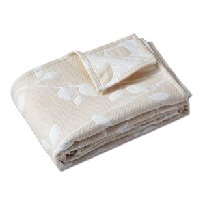 caromio muslin throw blanket, soft breathable yarn dyed jacauard leaf pattern cotton throw blankets for couch bed sofa, quilted muslin throw blankets for adults, beige, 50 x 60 inches