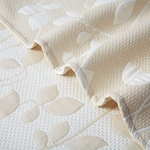 CAROMIO Muslin Throw Blanket, Soft Breathable Yarn Dyed Jacauard Leaf Pattern Cotton Throw Blankets for Couch Bed Sofa, Quilted Muslin Throw Blankets for Adults, Beige, 50 x 60 Inches