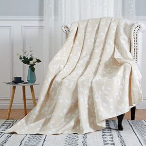 CAROMIO Muslin Throw Blanket, Soft Breathable Yarn Dyed Jacauard Leaf Pattern Cotton Throw Blankets for Couch Bed Sofa, Quilted Muslin Throw Blankets for Adults, Beige, 50 x 60 Inches