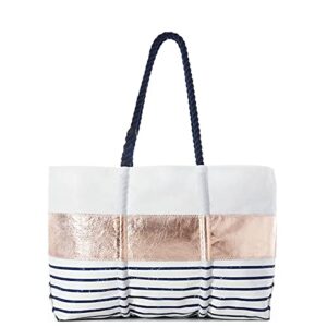 sea bags recycled sail cloth rose gold-on-navy mariner stripe large tote bag beach bag tote, large travel bag, tote bag for work rope handles