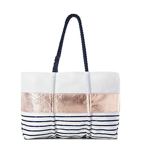 Sea Bags Recycled Sail Cloth Rose Gold-on-Navy Mariner Stripe Large Tote Bag Beach Bag Tote, Large Travel Bag, Tote Bag for Work Rope Handles