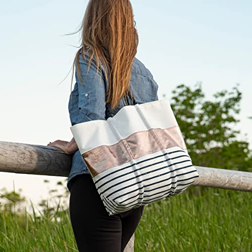 Sea Bags Recycled Sail Cloth Rose Gold-on-Navy Mariner Stripe Large Tote Bag Beach Bag Tote, Large Travel Bag, Tote Bag for Work Rope Handles