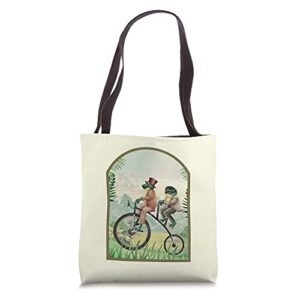 cottagecore aesthetic toad frog riding vintage bicycle women tote bag