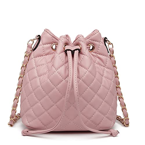 MCK Quilted Bucket Crossbody Bag and Purse for Women Drawstring Soft Vegan Leather Shoulder Bags (Medium to Small Size)