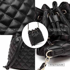 MCK Quilted Bucket Crossbody Bag and Purse for Women Drawstring Soft Vegan Leather Shoulder Bags (Medium to Small Size)