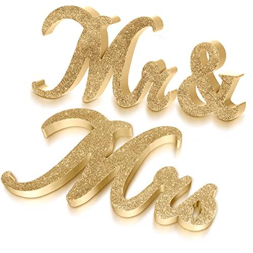 6 Inches Mr and Mrs Sign Vintage Style Mr and Mrs Wooden Letter Glitter Sign Mr and Mrs Letters Wedding Sweetheart Table Decorations for Wedding Party Photo Prop Table Decoration (Gold)
