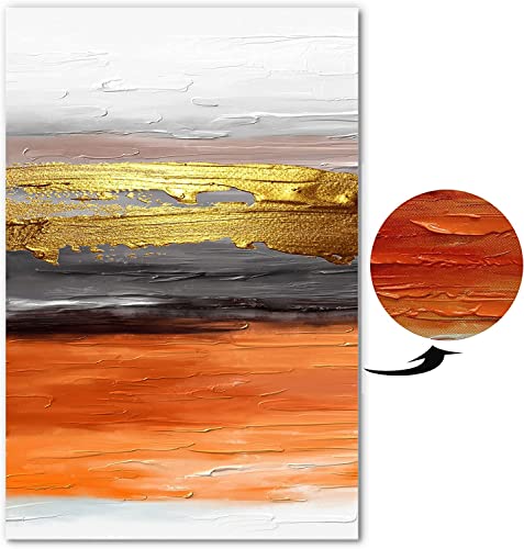 YPY Abstract Wall Art Canvas Orange and Gold Handmade Oil Painting for Home Living Room Bedroom Decor