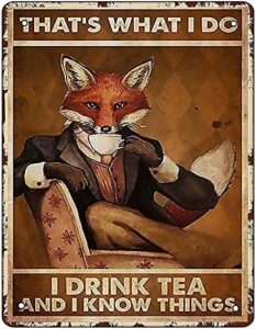 retro metal tin sign vintage fox drink tea aluminum sign for home coffee wall decor 8×12 inch