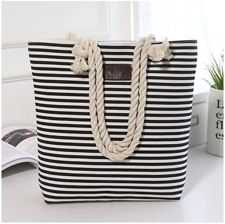 Canvas Tote Bag | Canvas Striped Hemp Rope Handle Shoulder Tote Bag | Black Stripe Tote Bag | Tote bag For Multipurpose Used., Large