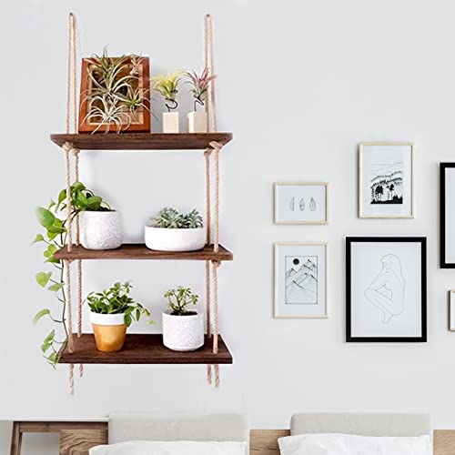 COCIVIVRE Hanging Rope Shelves for Wall 3 Tier Boho Shelf Wooden Hanging Plant Shelves Farmhouse Rustic Rope Floating Shelves for Boho Room Décor Vintage Shelve Wall Mounted (Wood)