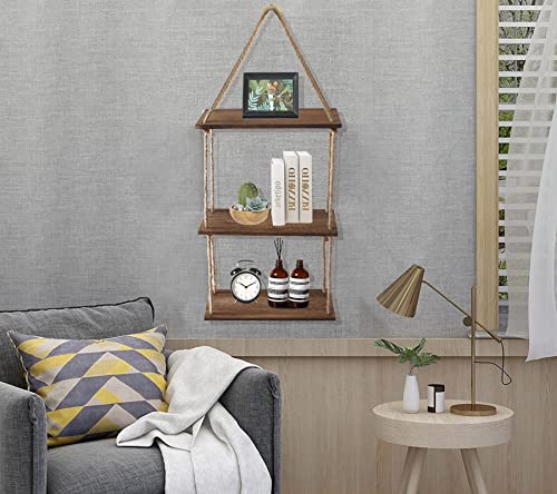 COCIVIVRE Hanging Rope Shelves for Wall 3 Tier Boho Shelf Wooden Hanging Plant Shelves Farmhouse Rustic Rope Floating Shelves for Boho Room Décor Vintage Shelve Wall Mounted (Wood)